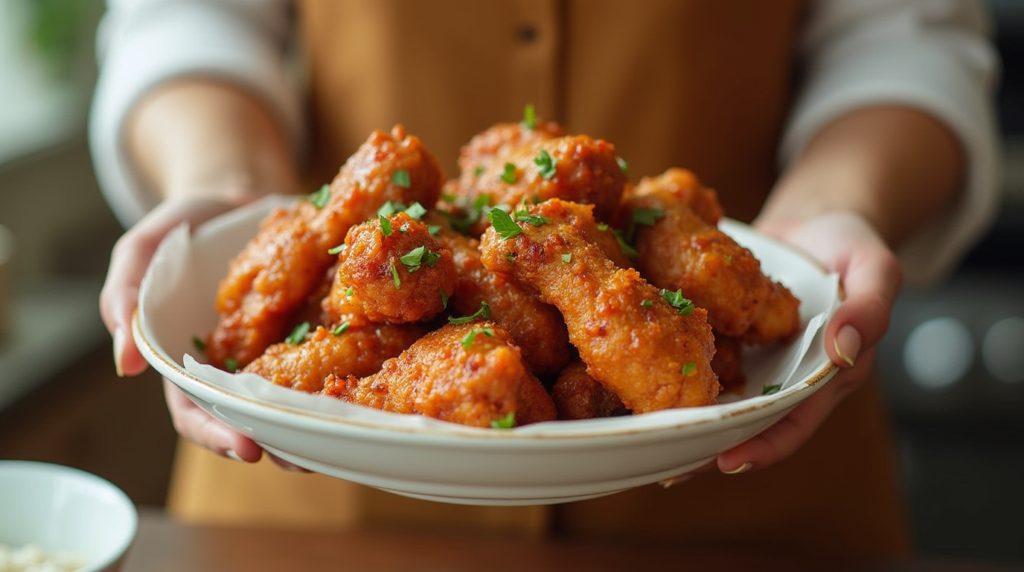 A plate of Oven-Fried Hot Honey Chicken showcasing its perfectly crispy coating and a delicious sweet and spicy hot honey drizzle, offering a flavorful and healthier alternative to traditional fried chicken.