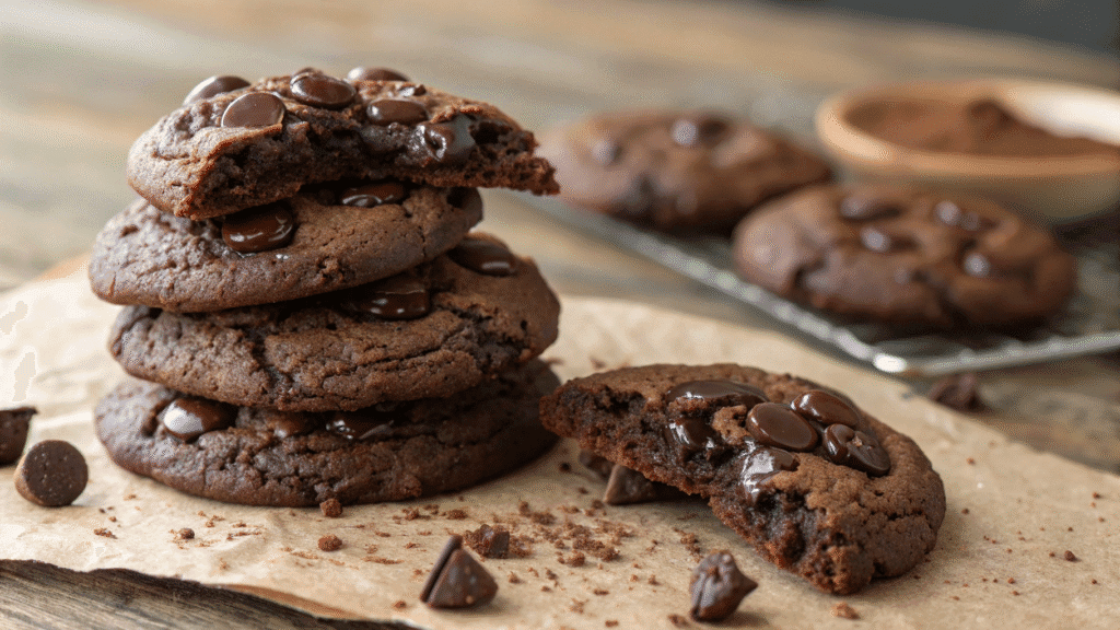 Stack of rich fudgy chocolate cookies with melted chocolate chips, freshly baked on a rustic surface
