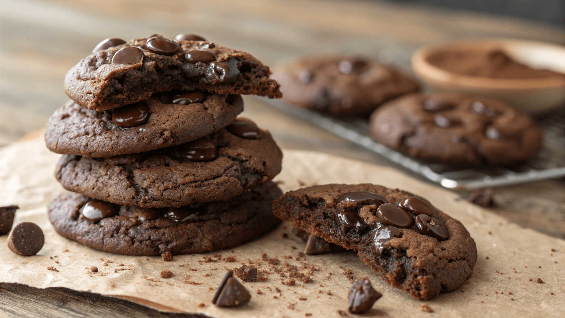 Stack of rich fudgy chocolate cookies with melted chocolate chips, freshly baked on a rustic surface