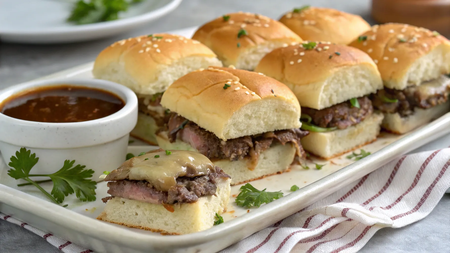 French dip sliders with melted cheese and roast beef served with dipping sauce