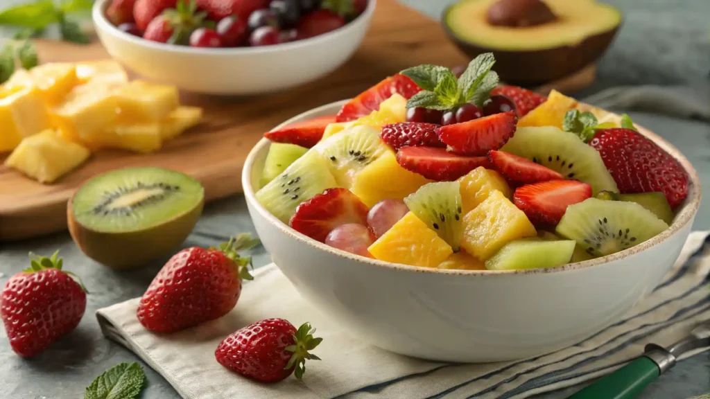 Fresh fruit salad in a white bowl with colorful sliced berries, melon, and citrus