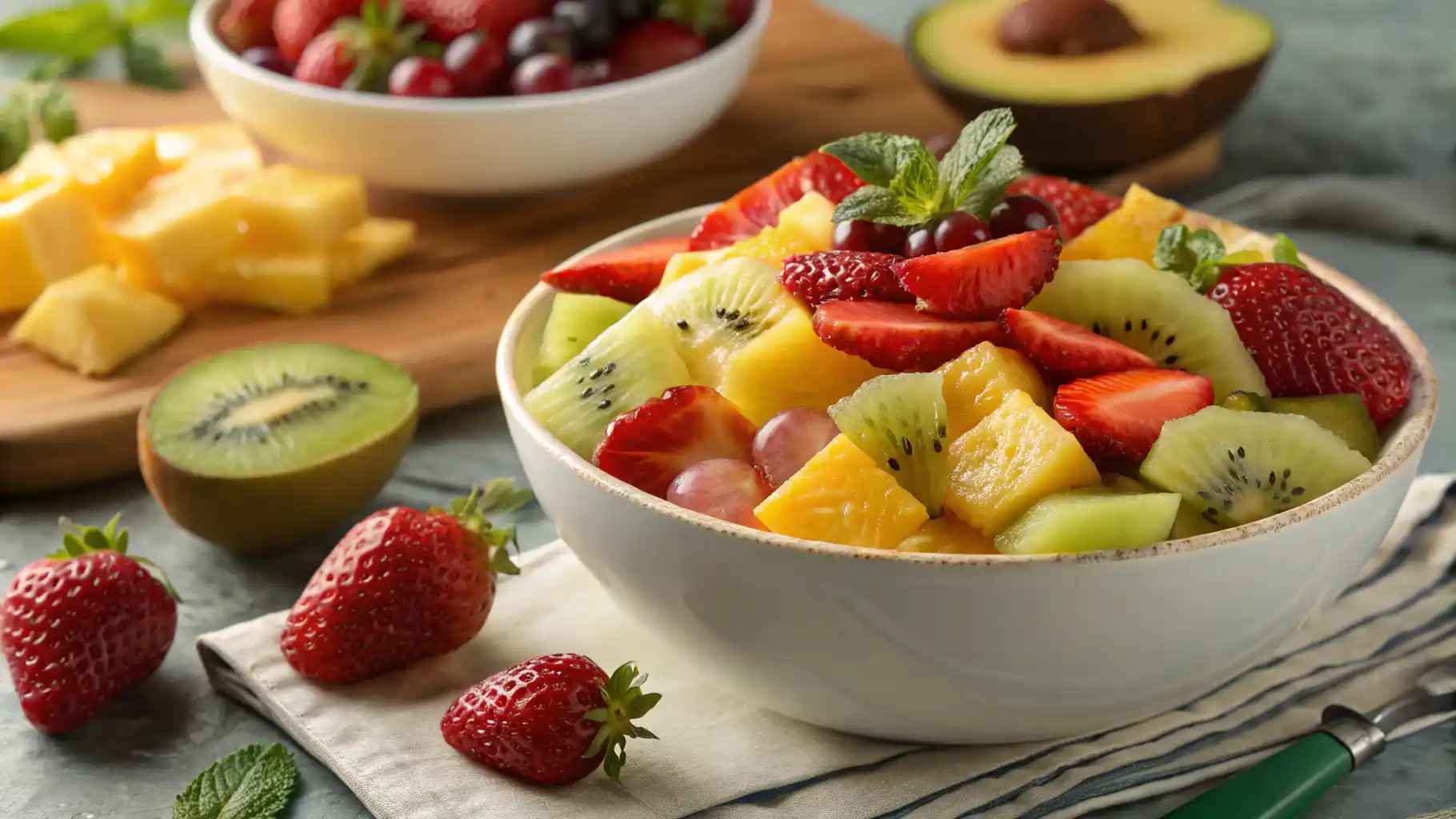 Fresh fruit salad in a white bowl with colorful sliced berries, melon, and citrus