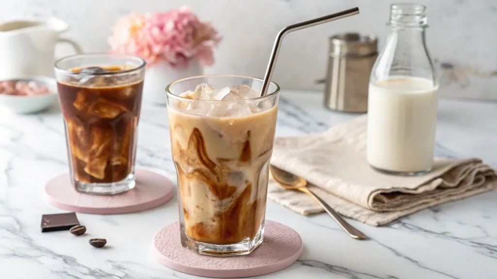 Glass of iced coffee with ice cubes and milk on a wooden table