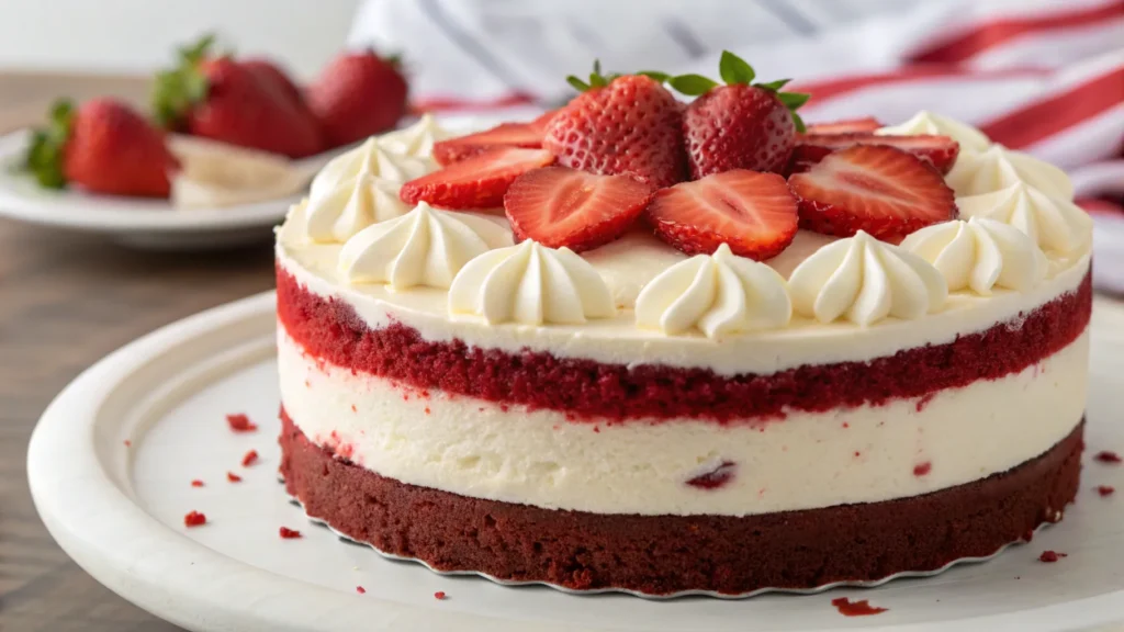 Red Velvet Strawberry Cheesecake Slice on White Plate