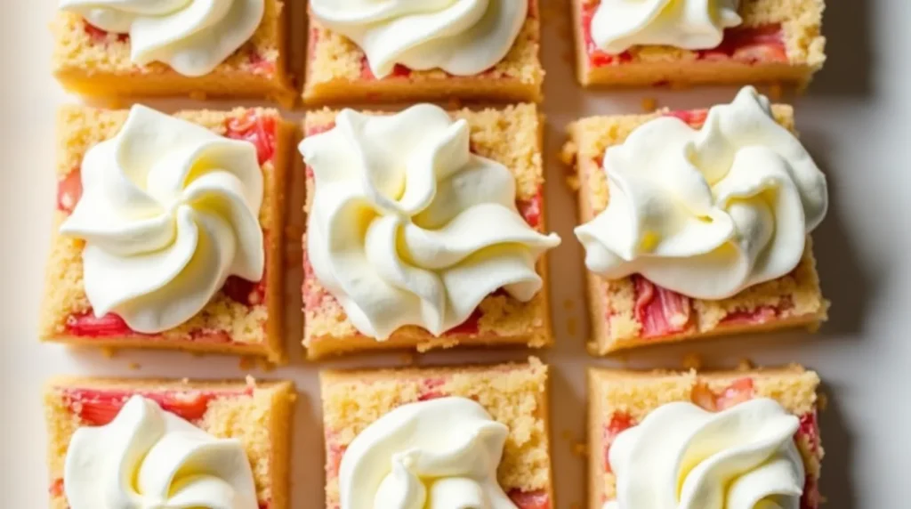 Homemade Rhubarb Custard Bars with golden crust and creamy custard filling topped with fresh rhubarb pieces