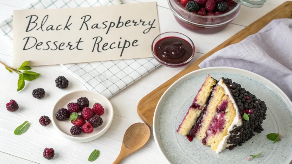 omemade black raspberry desserts including tart, jam, and cake topped with fresh black raspberries on a rustic kitchen table.