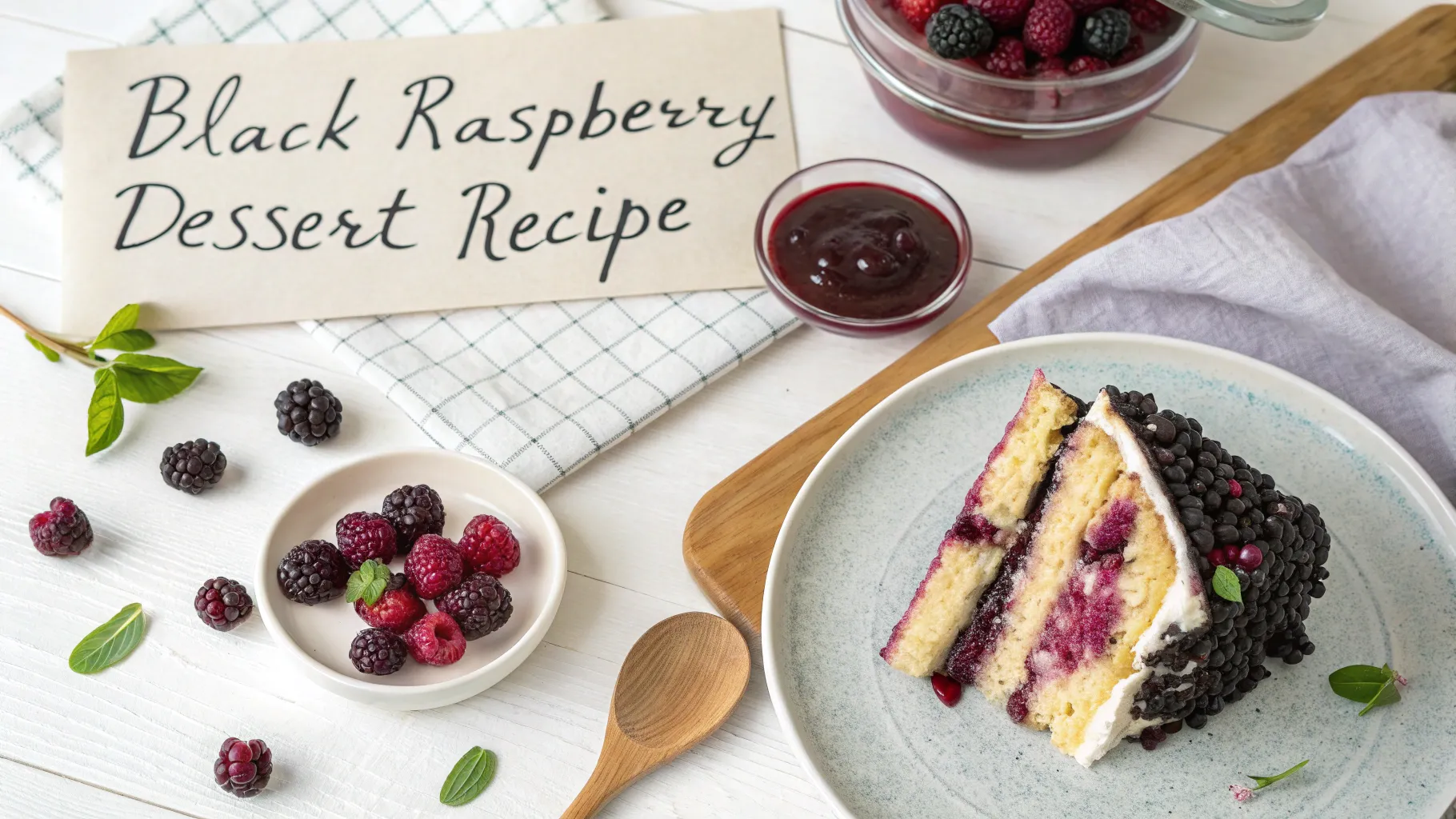 omemade black raspberry desserts including tart, jam, and cake topped with fresh black raspberries on a rustic kitchen table.