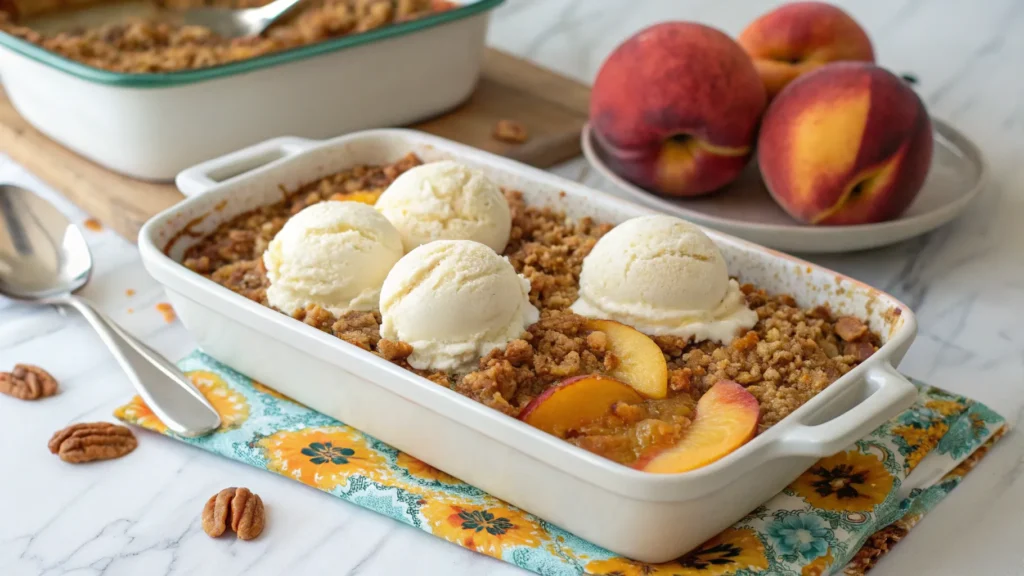 Homemade peach crisp fresh out of the oven with golden crumb topping and juicy peaches