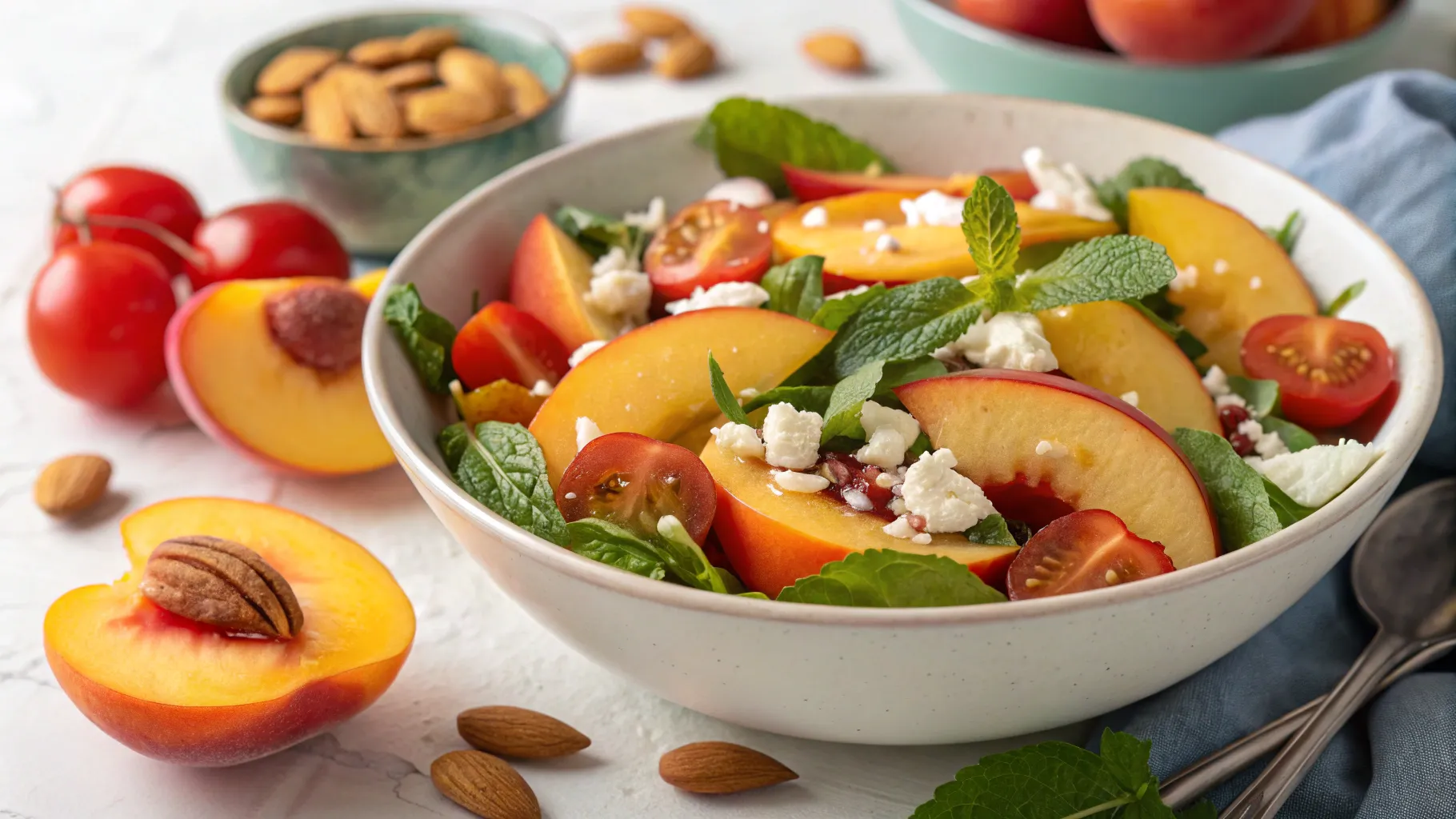 Colorful peach salad with fresh peach slices, arugula, burrata cheese, toasted nuts, and a light balsamic dressing on a white plate.