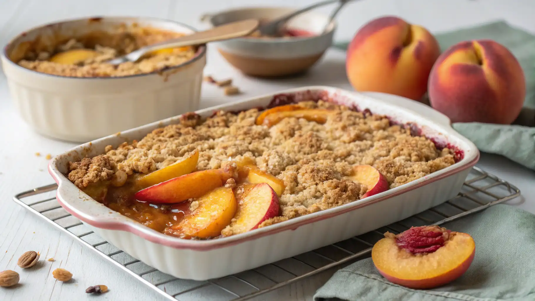 Peach crisp with fresh peaches served warm with vanilla ice cream