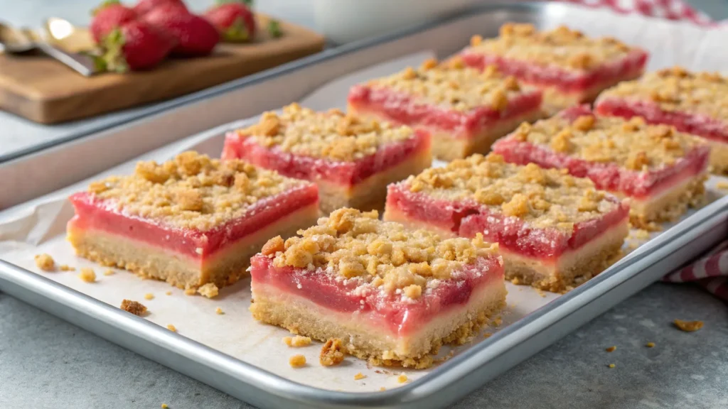 Freshly baked rhubarb bars cut into squares on a parchment-lined tray