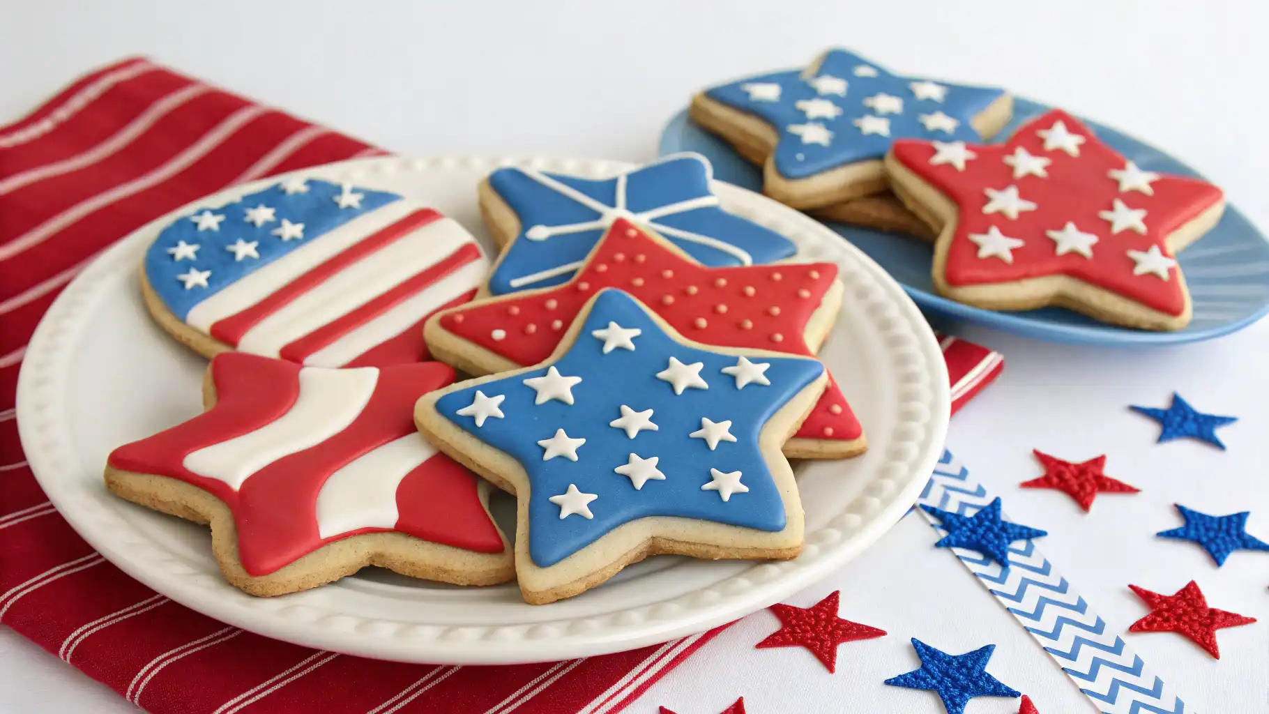 Patriotic 4th of July cookies decorated with red, white, and blue sprinkles on a white plate, perfect for Independence Day celebrations.