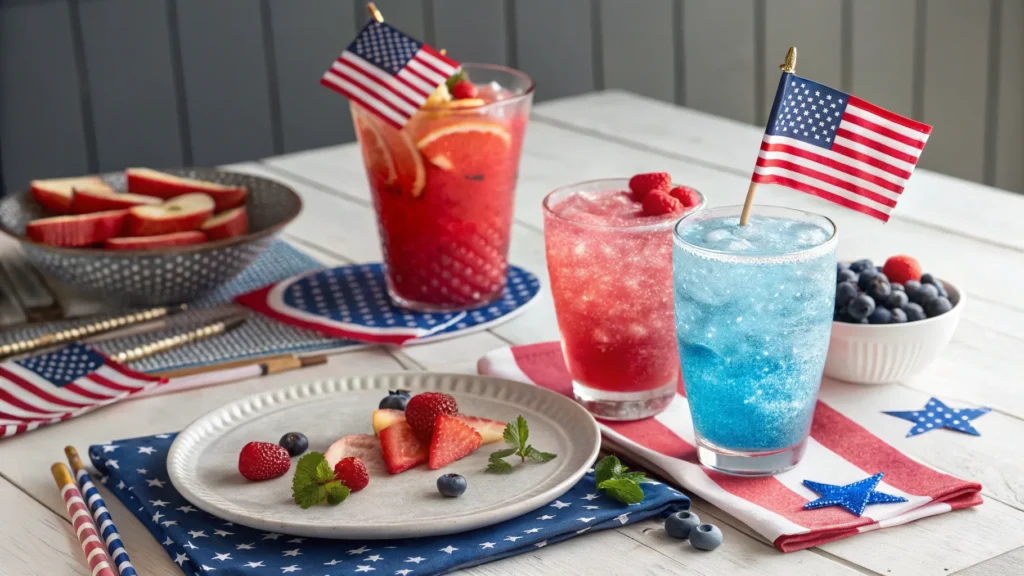 Colorful 4th of July drinks served in clear glasses with berries and festive decorations