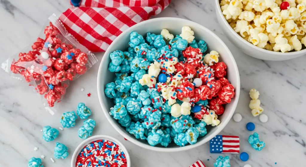 Colorful 4th of July popcorn with white chocolate, red and blue M&Ms, and pretzels in a festive bowl