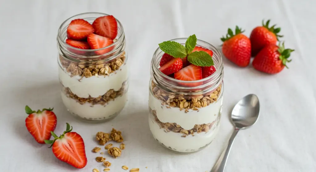 Layered strawberry yogurt parfait in a clear glass with granola and fresh strawberry slices on top, served on a white table for a healthy breakfast or snack.
