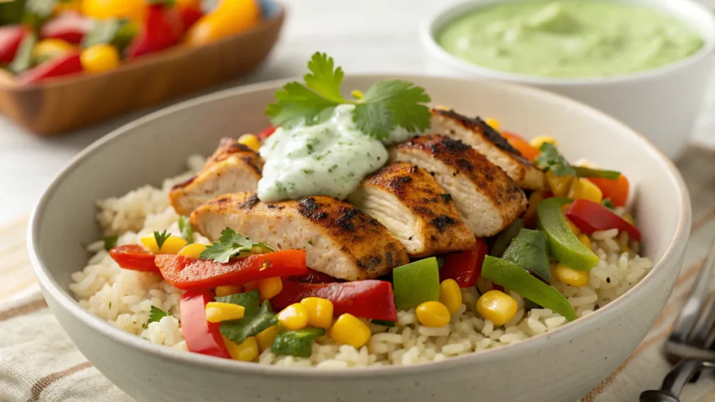 Close-up of a vibrant Street Corn Chicken Rice Bowl with grilled chicken, seasoned corn, cilantro, and lime wedges