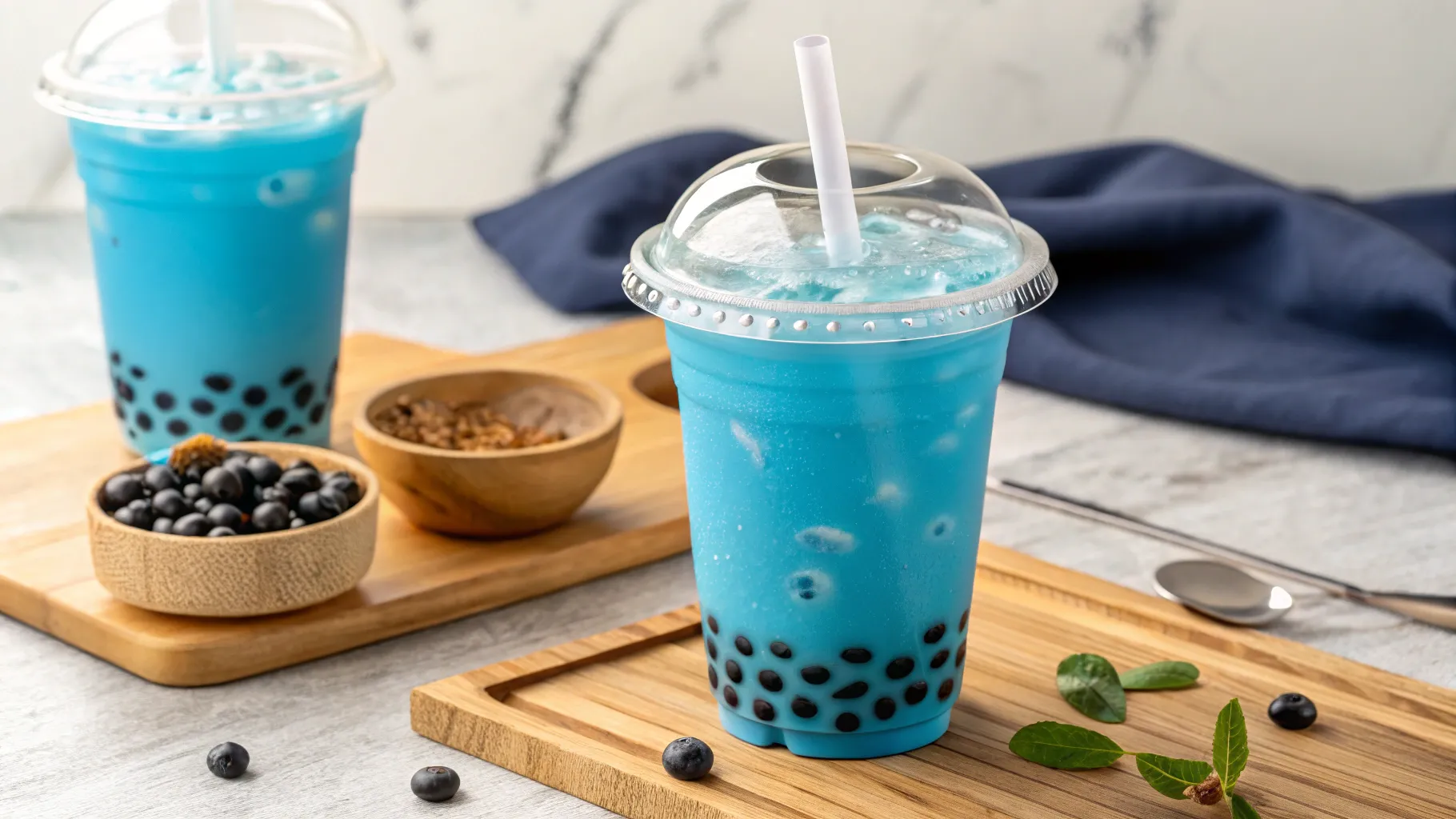 Blue Boba Tea served in a clear glass with tapioca pearls and ice cubes