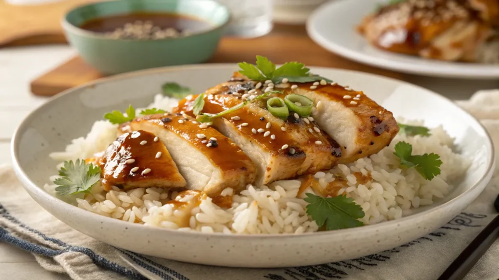 Glazed honey BBQ chicken served over fluffy white rice and garnished with fresh parsley.
