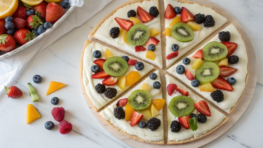 Colorful fruit pizza topped with fresh berries, kiwi, and mandarin slices on a sugar cookie crust with cream cheese frosting