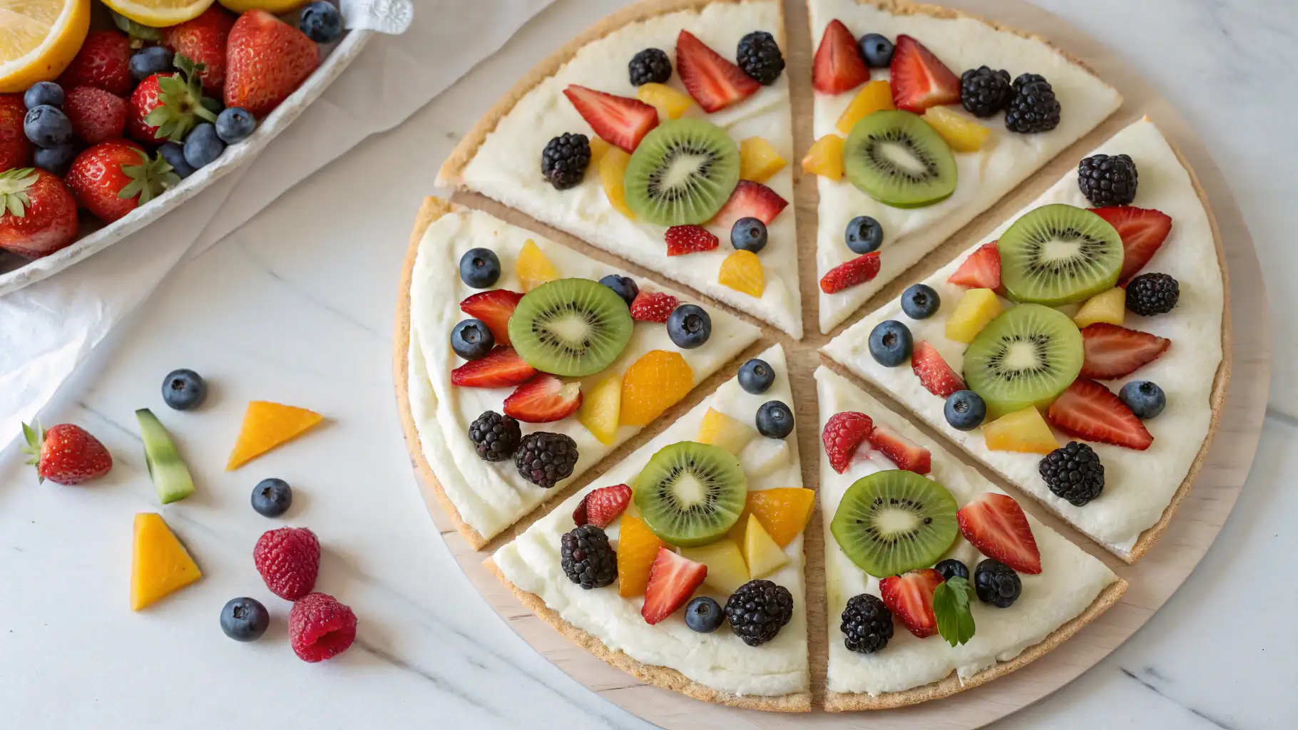 Colorful fruit pizza topped with fresh berries, kiwi, and mandarin slices on a sugar cookie crust with cream cheese frosting