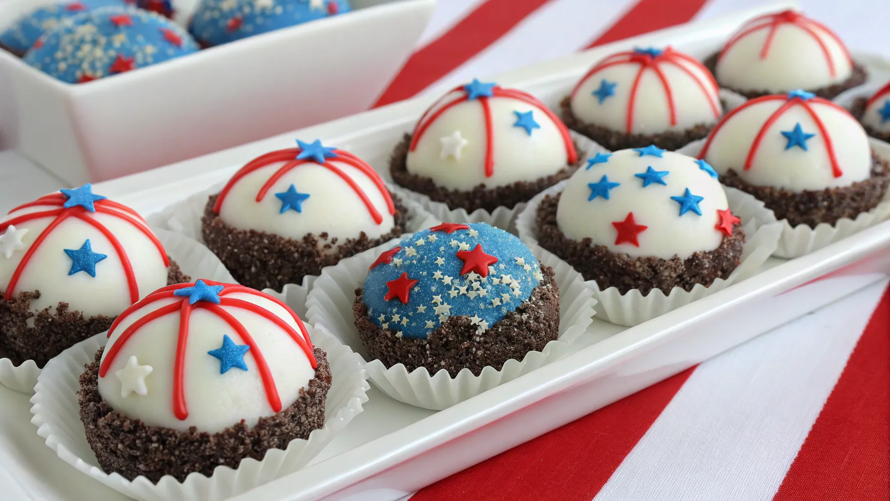 Red, white, and blue Patriotic Oreo Balls decorated with sprinkles on a white plate