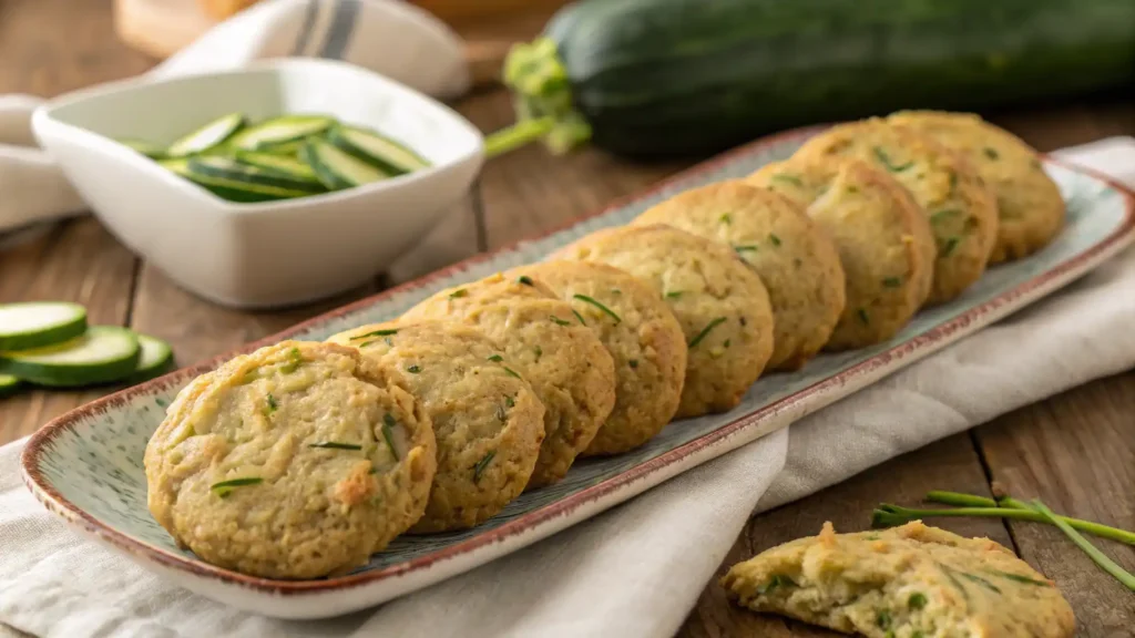 Soft zucchini cookies with chocolate chips on a green polka dot plate, surrounded by fresh zucchini and baking ingredients.