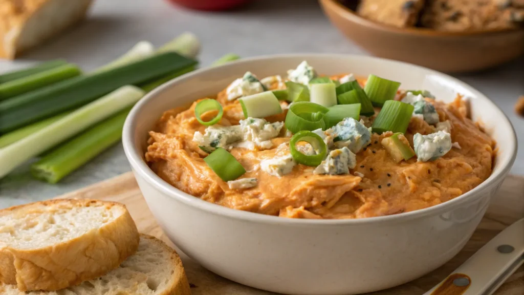Buffalo chicken dip in a white baking dish, topped with melted cheese and green onions, surrounded by chips and celery sticks