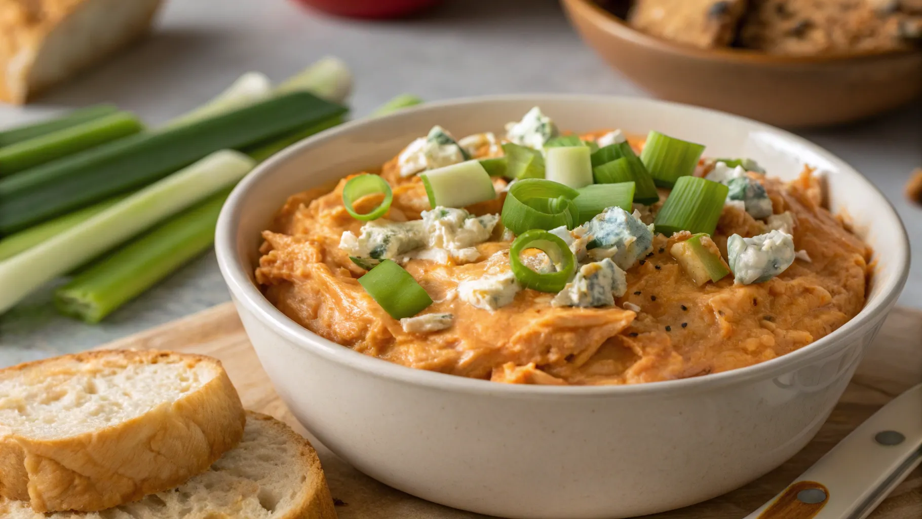 Buffalo chicken dip in a white baking dish, topped with melted cheese and green onions, surrounded by chips and celery sticks