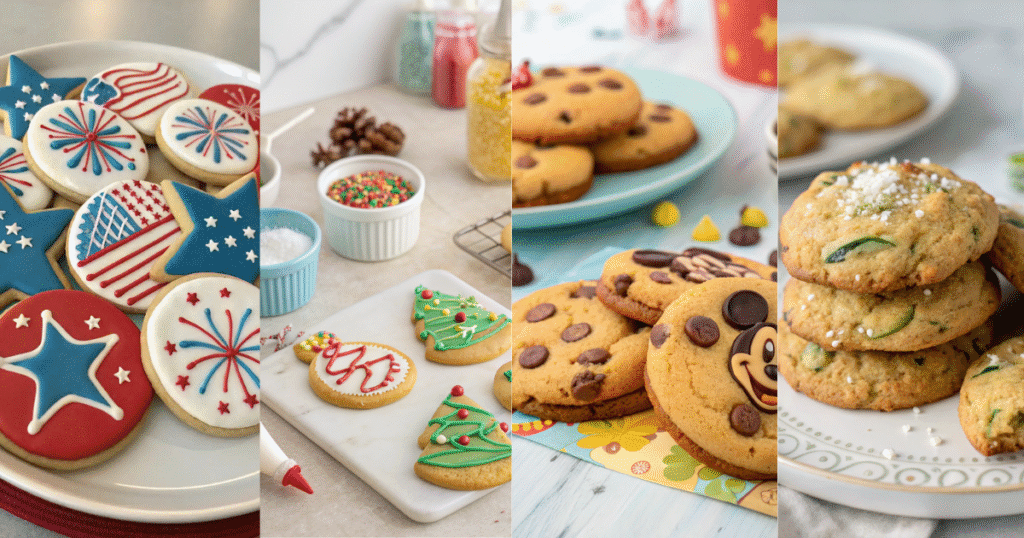 Assorted homemade fall cookies on a rustic table with autumn leaves, spices, and warm lighting.