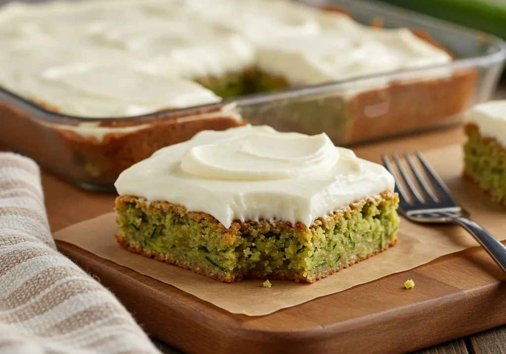 Moist homemade zucchini bars topped with creamy cream cheese frosting