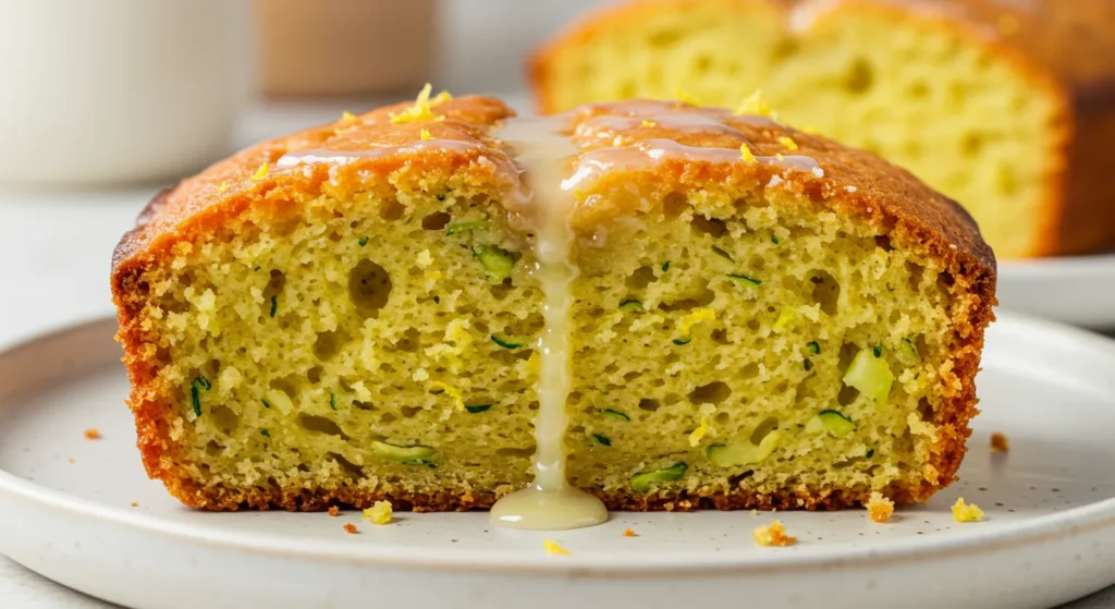 Freshly baked lemon zucchini bread sliced on a wooden board