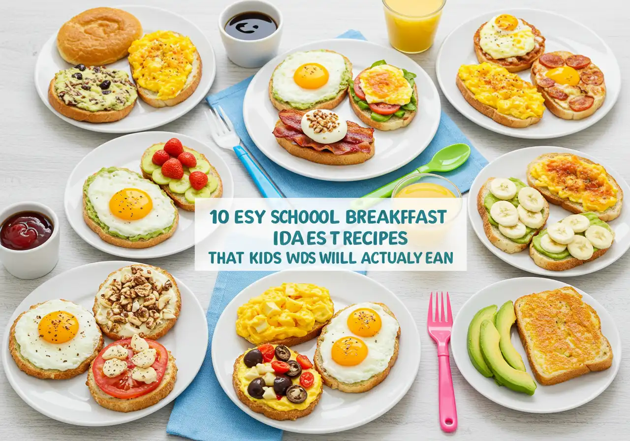 A colorful school breakfast spread featuring fruit, muffins, toast, and a healthy yogurt bowl—perfect for busy mornings and kid-friendly meals.