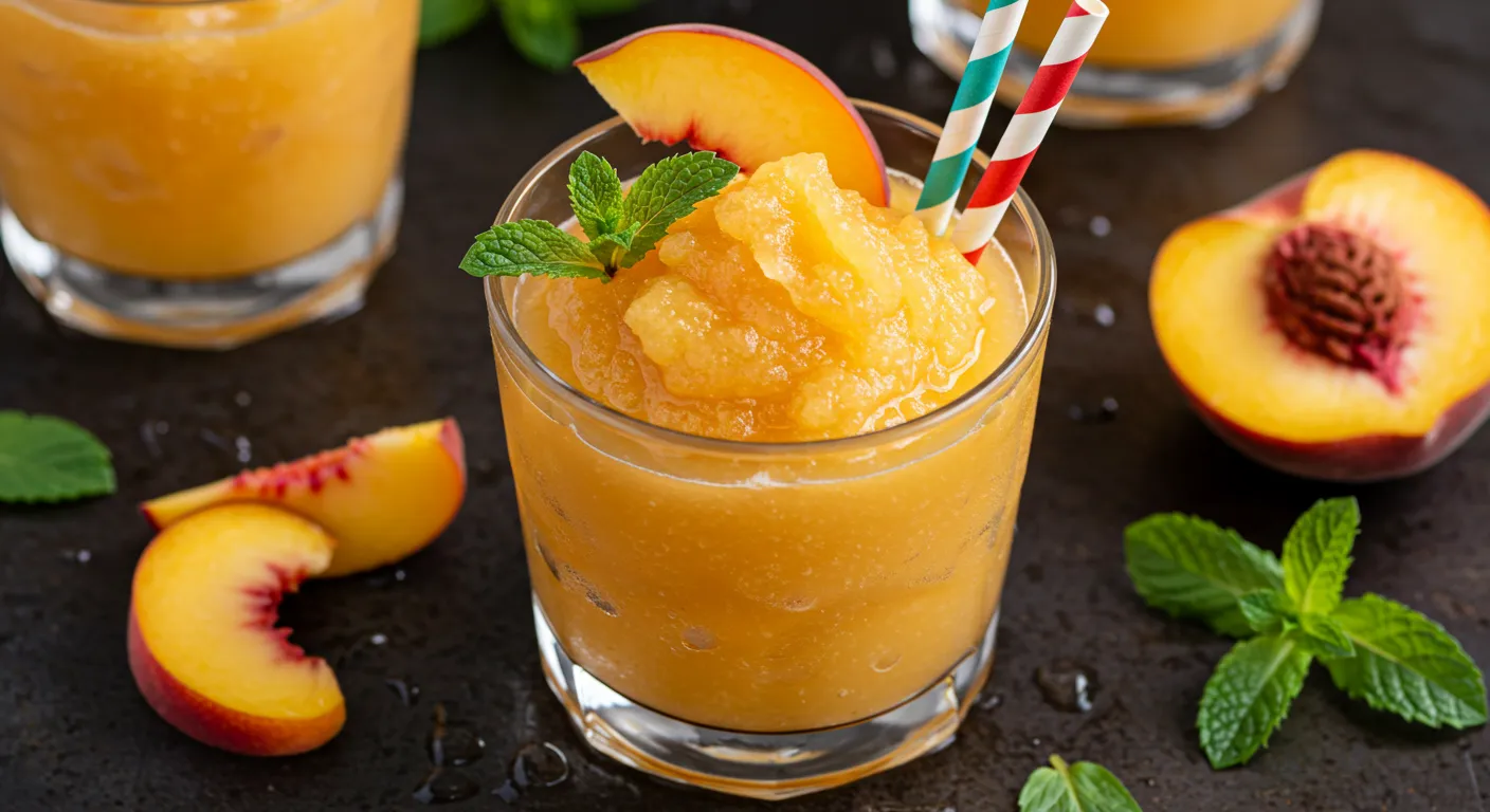 Frozen peach lemonade served in a glass with peach slices and mint leaves on a rustic table