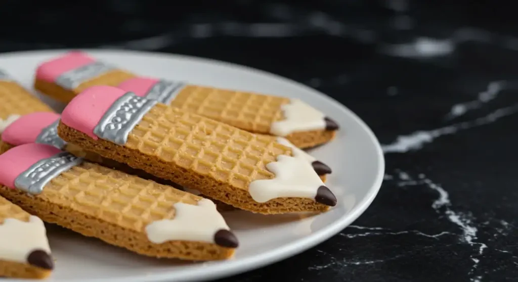 Colorful no‑bake Wafer Pencil Cookies decorated with yellow, brown, and pink candy melts