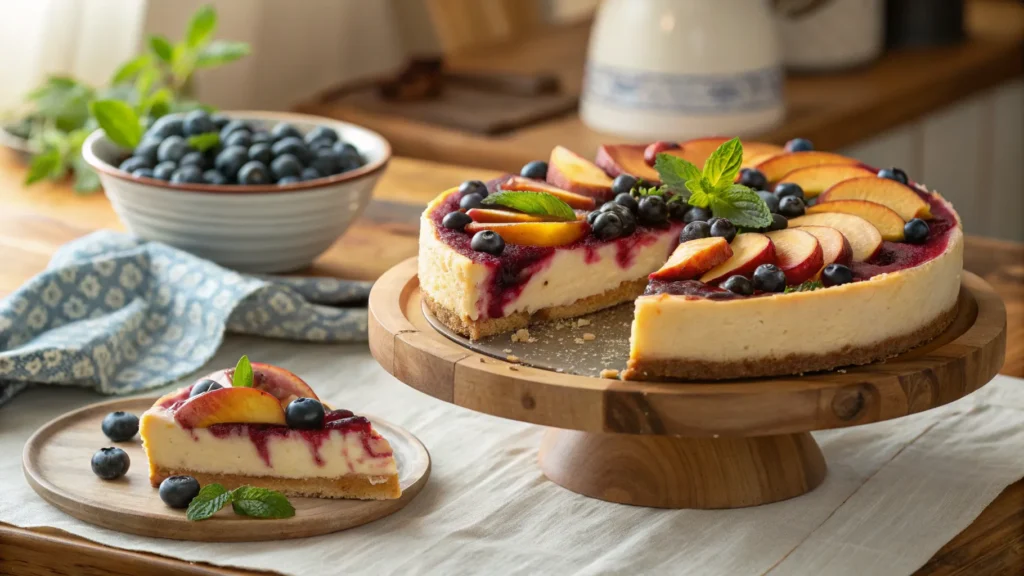 Close-up of a no-bake summer berry and peach cheesecake topped with fresh peaches, strawberries, blueberries, and raspberries on a white plate
