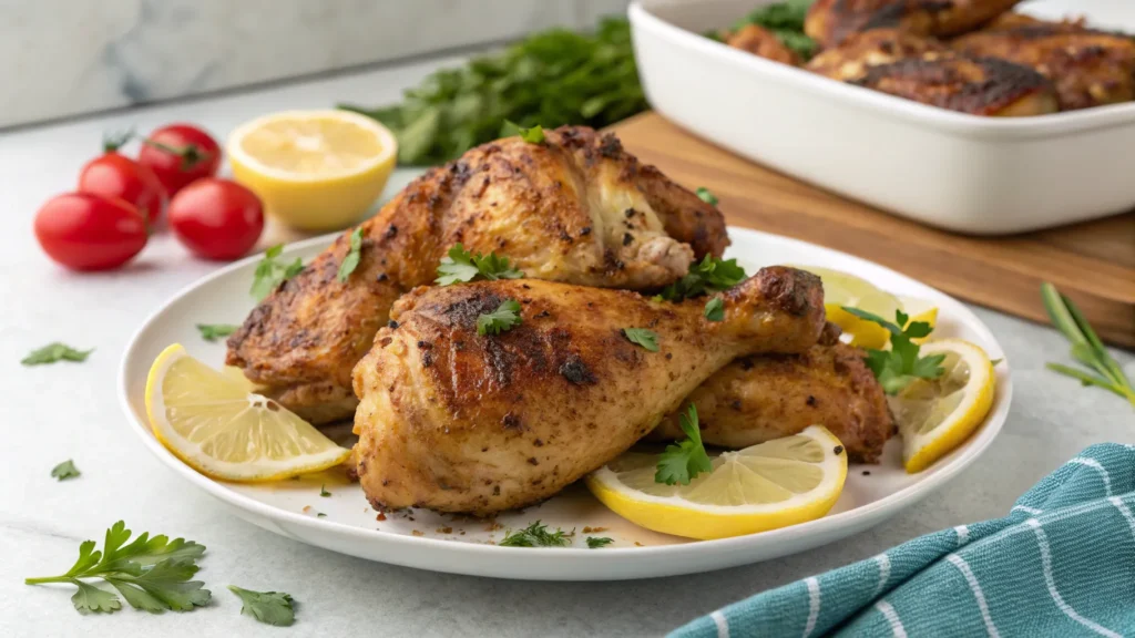 Juicy, golden-baked Melt in Your Mouth Chicken served with herbs on a rustic white plate.