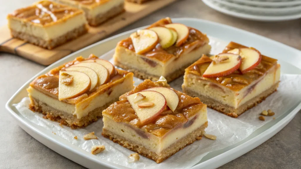 Freshly baked Caramel Apple Cheesecake Bars with crumb topping and caramel drizzle on parchment paper