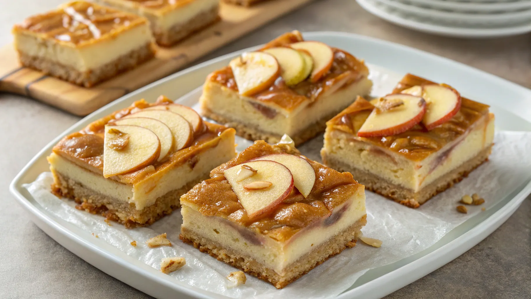 Freshly baked Caramel Apple Cheesecake Bars with crumb topping and caramel drizzle on parchment paper