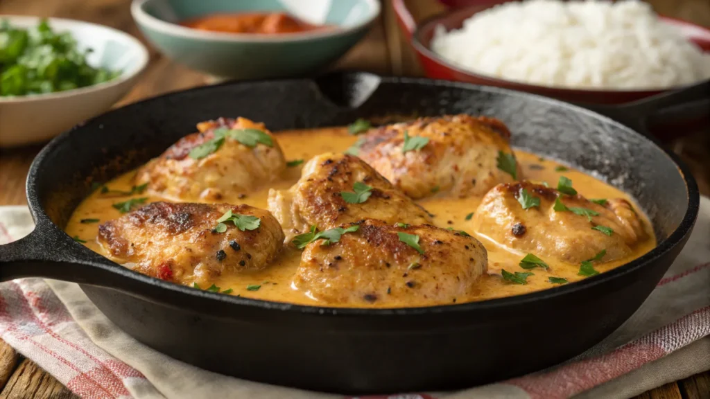 Close-up of a Texas Roadhouse-style butter chicken skillet with golden, seared chicken chunks in a creamy reddish-orange sauce, garnished with fresh herbs in a cast iron pan.