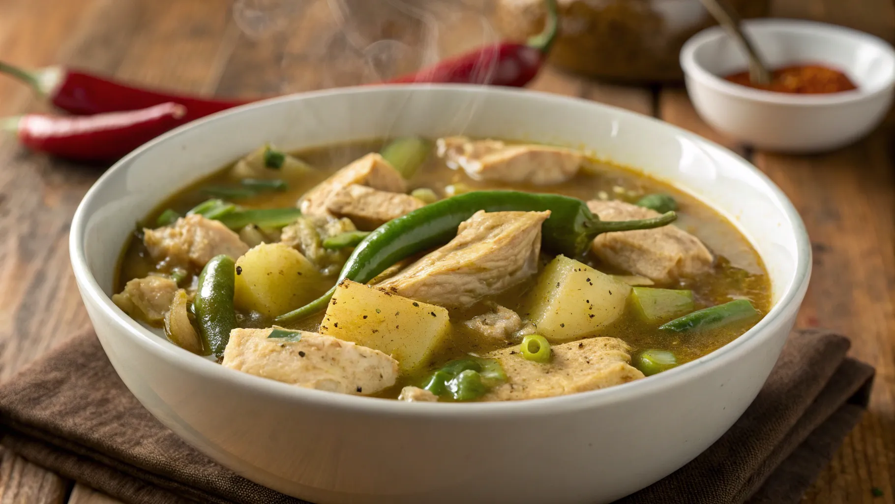 Hearty bowl of green chile chicken stew garnished with fresh cilantro and lime wedge