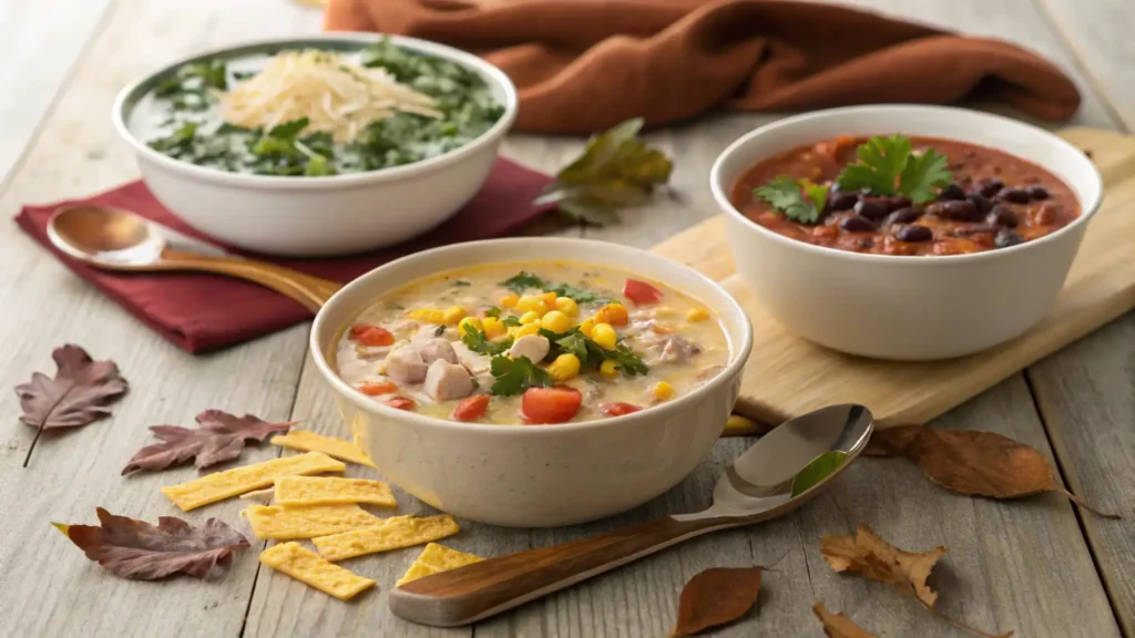 Warm and hearty fall soup recipes with chicken taco, creamy sausage, and classic taco soups served in bowls on a cozy table setting.