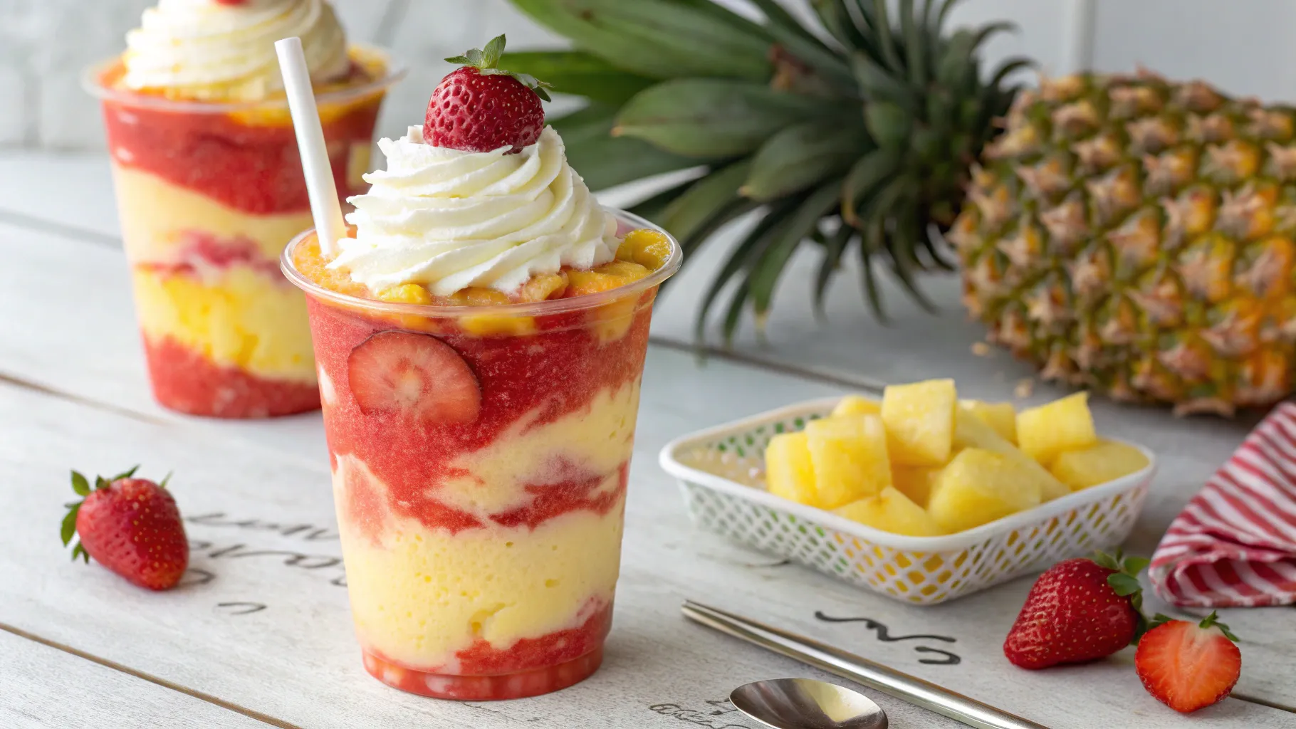 Refreshing glass of Pineapple Strawberry Swirled Slushies served with mint