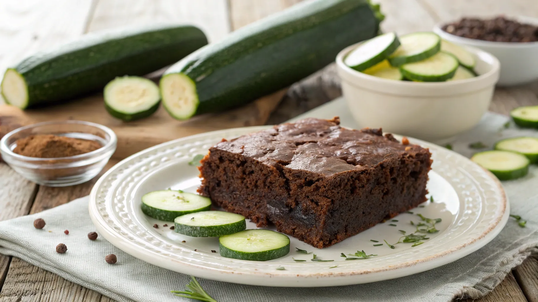 Moist chocolate zucchini cake topped with rich chocolate frosting, sliced and ready to serve.