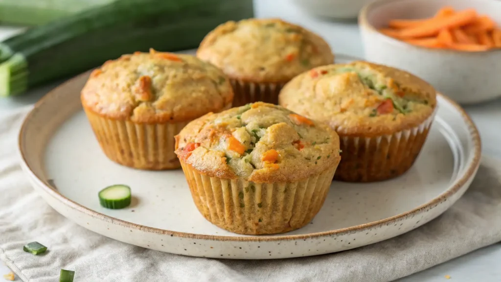 Freshly baked zucchini carrot muffins on a cooling rack