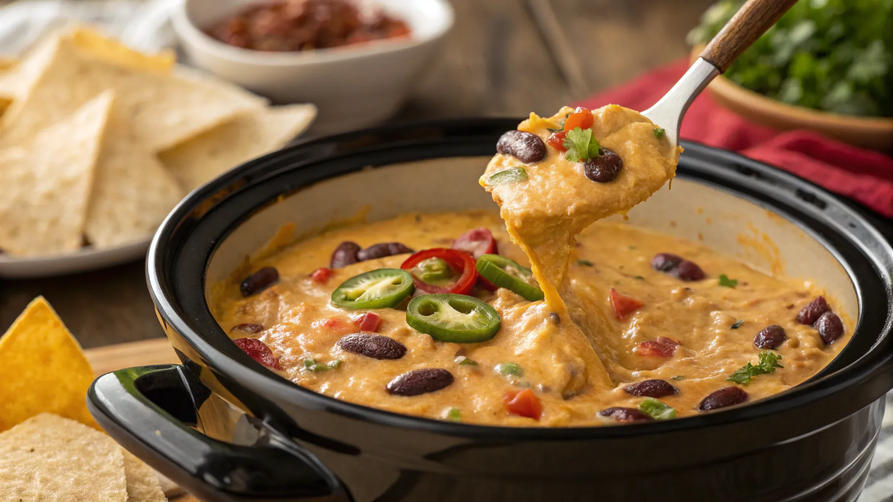 Creamy crockpot queso dip served warm in a bowl with tortilla chips on the side.