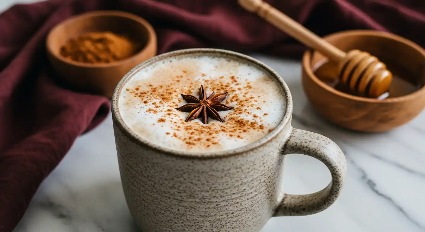Steaming cup of vanilla cinnamon milk tea with cinnamon sticks and vanilla beans on a wooden table