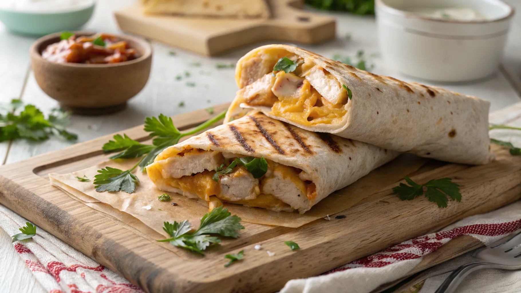 Cheesy Garlic Chicken Wrap with melted mozzarella and cheddar, served hot on a plate