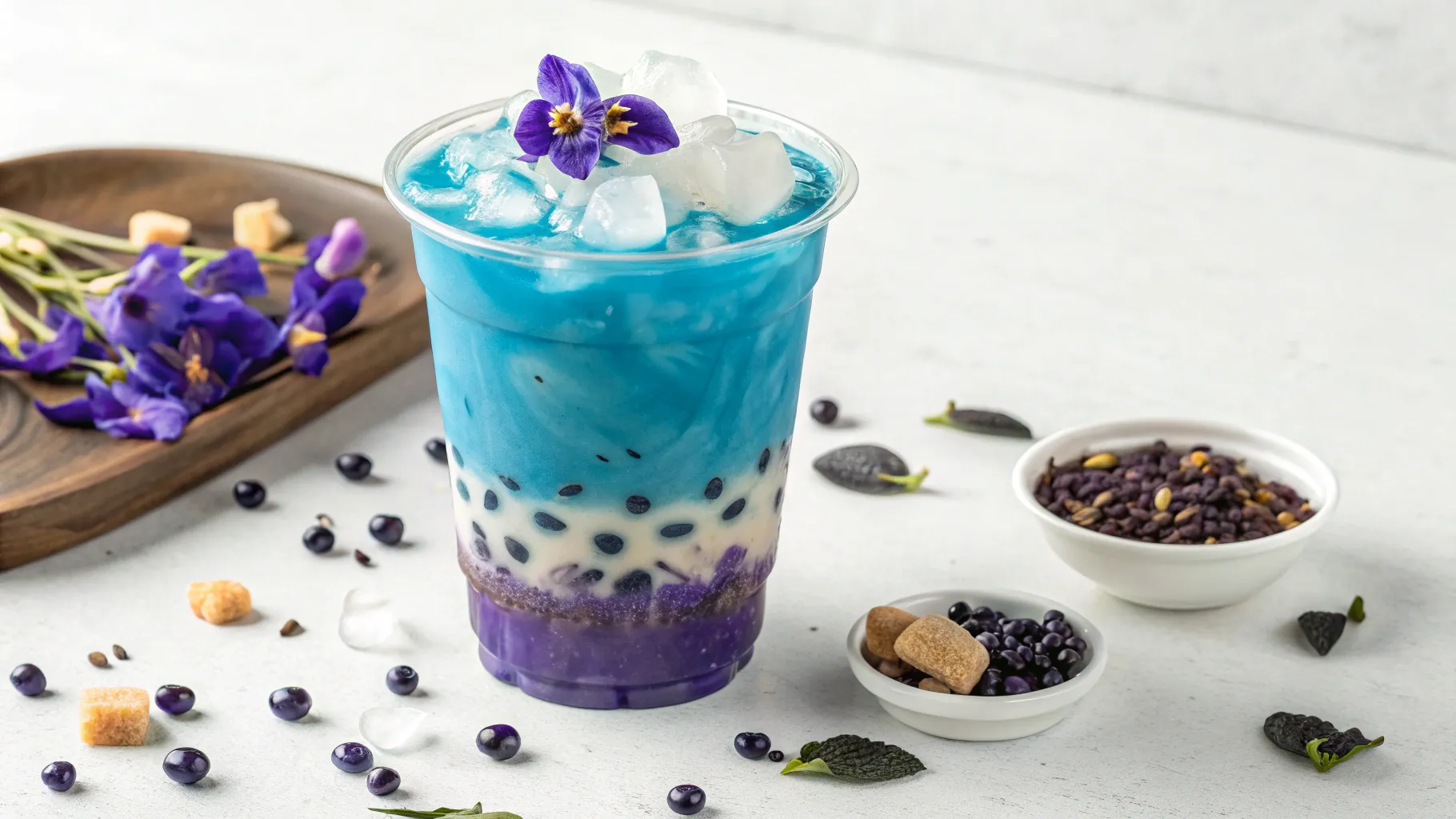 Coconut Butterfly Pea Flower Boba Tea in a tall glass with creamy coconut milk and chewy tapioca pearls