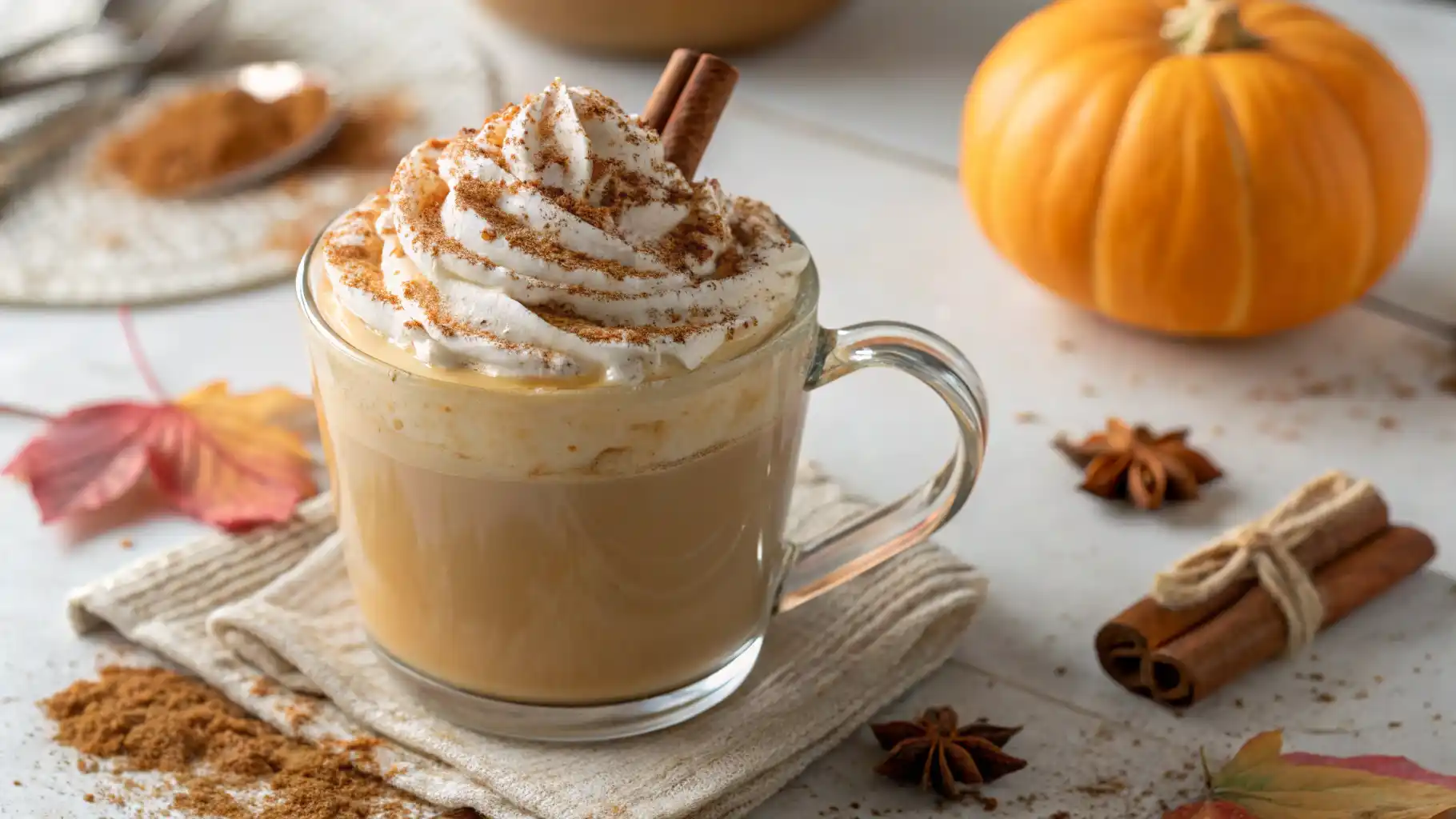 Pumpkin Spice Latte in a clear glass mug topped with whipped cream and cinnamon sprinkle