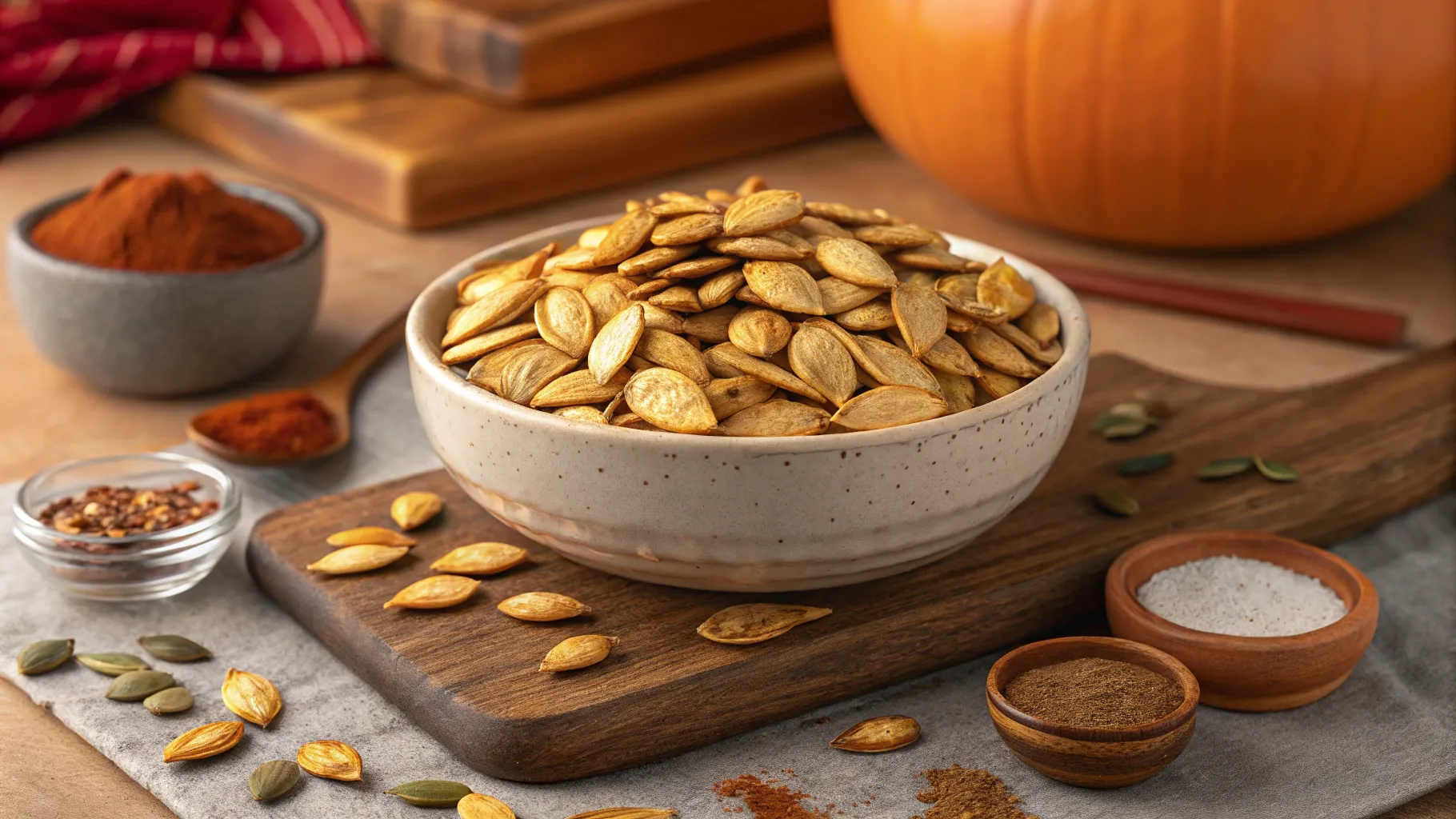 Close-up of golden, crispy roasted pumpkin seeds on a baking sheet, seasoned and ready to eat.